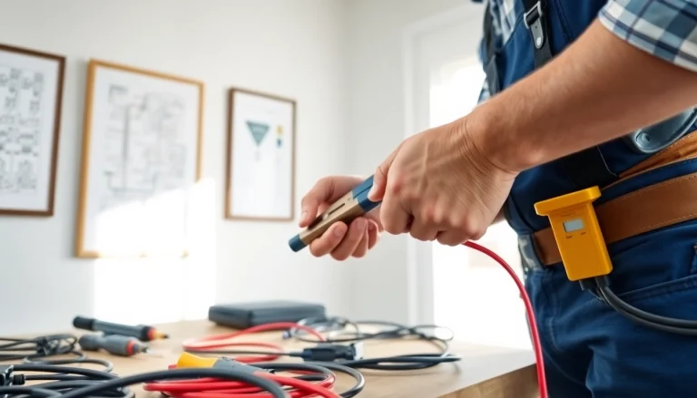 Electrician performing an Electrical Panel Upgrade, showcasing tools and modern workspace.