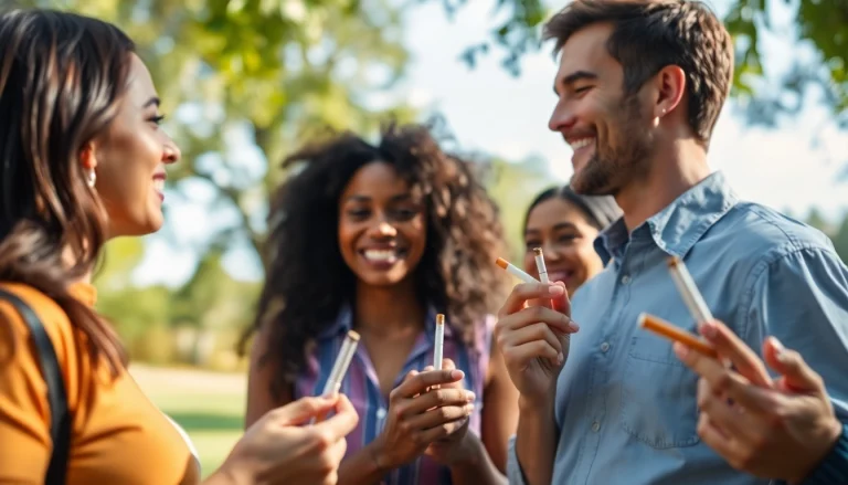 People enjoying nicotine free cigarettes outdoors, showcasing health and community.