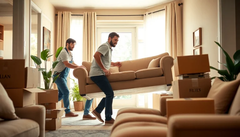 Moving a couch during house moves with professionalism and teamwork in a bright living room.