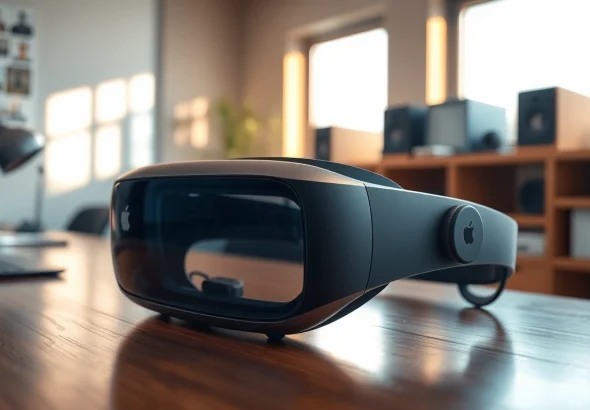 Buy Vision Pro headset showcased on a stylish desk with natural lighting.
