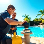 Expert pool service largo team cleaning and maintaining a sparkling residential swimming pool.