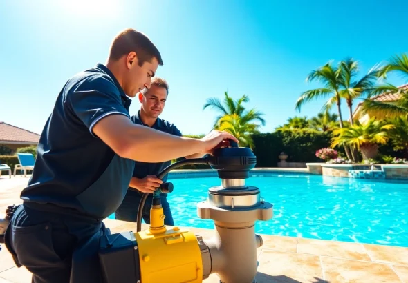 Expert pool service largo team cleaning and maintaining a sparkling residential swimming pool.