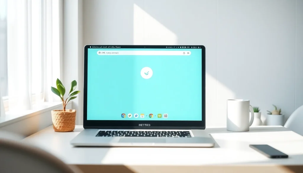 Download the LINE電腦版官方下載 on a sleek laptop surrounded by a vibrant workspace.