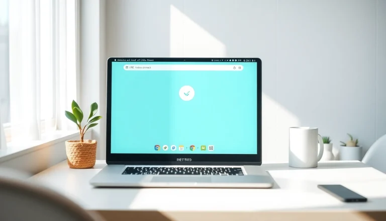 Download the LINE電腦版官方下載 on a sleek laptop surrounded by a vibrant workspace.