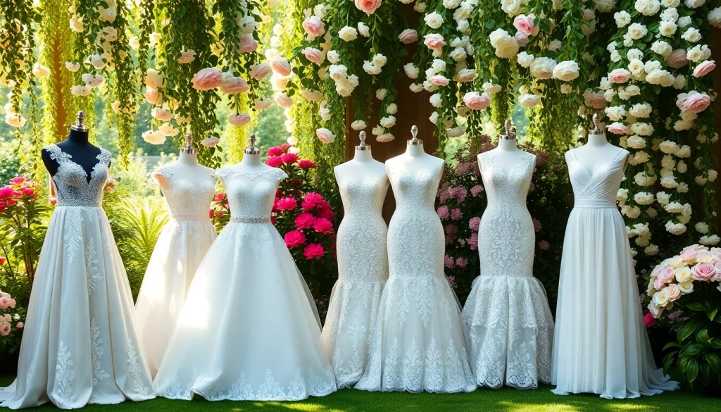 Showcase of Reception Wedding Dresses in a lush garden, featuring various elegant styles and intricate designs.