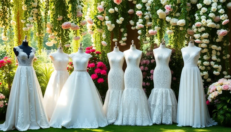 Showcase of Reception Wedding Dresses in a lush garden, featuring various elegant styles and intricate designs.