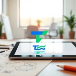 Designing a trademark logo ™ in a vibrant professional workspace.