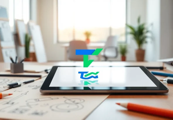 Designing a trademark logo ™ in a vibrant professional workspace.
