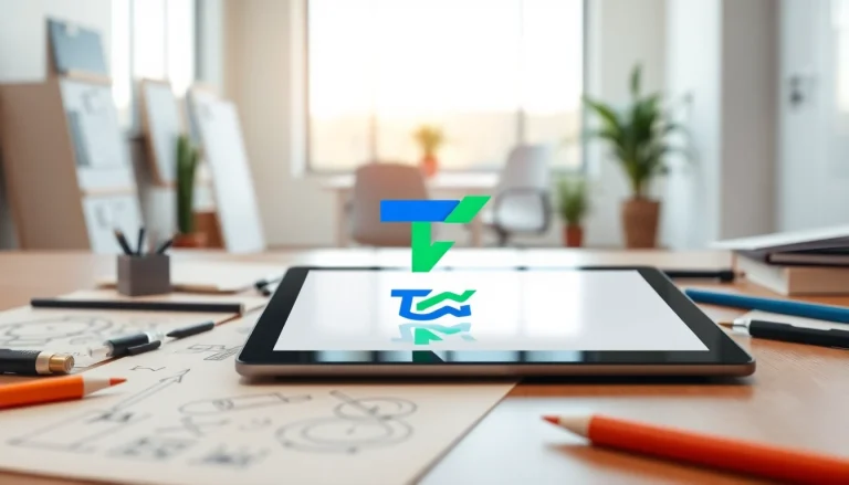 Designing a trademark logo ™ in a vibrant professional workspace.