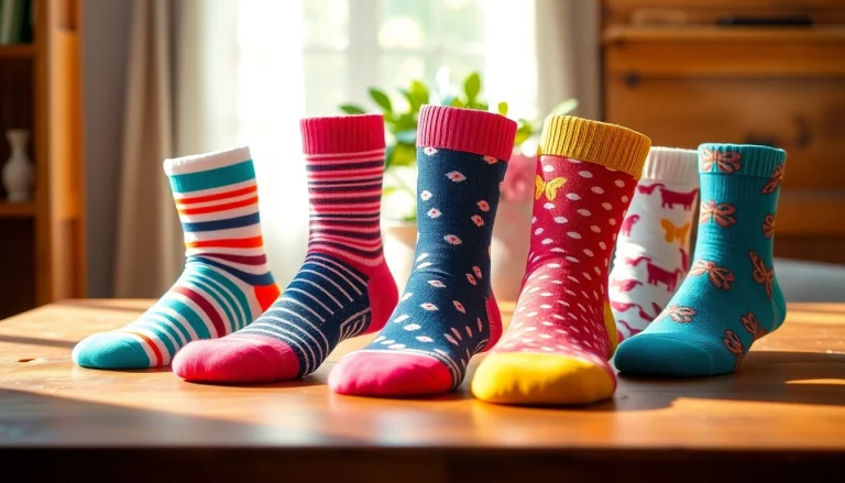 Showcase of 5 Pairs Mixed Socks featuring vibrant colors and playful patterns on a wooden table.