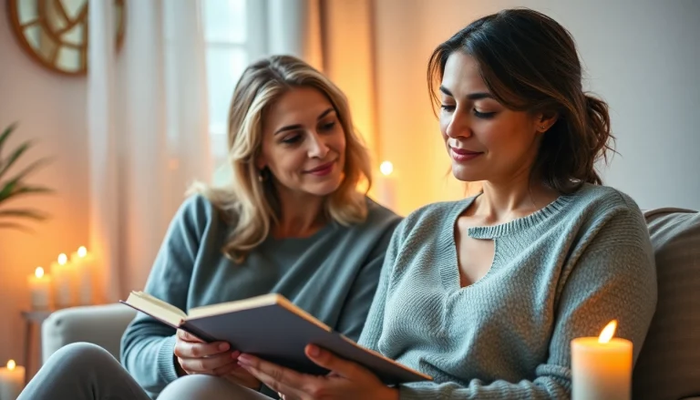 Therapist supporting a client in healing trauma with a comforting environment and warm lighting.