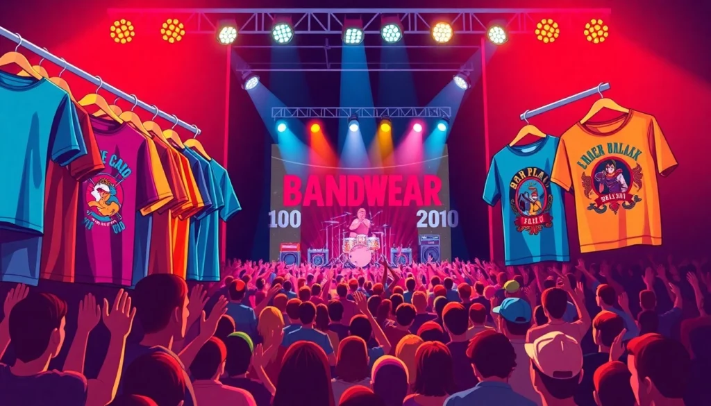 Bandwear collection displayed at a lively concert, showcasing vibrant apparel and energized crowd.