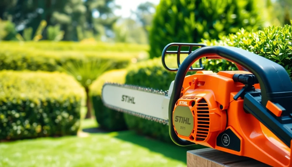 Stihl-Kettensäge im Einsatz in gepflegtem Garten mit hochwertigem Design und Funktionen.