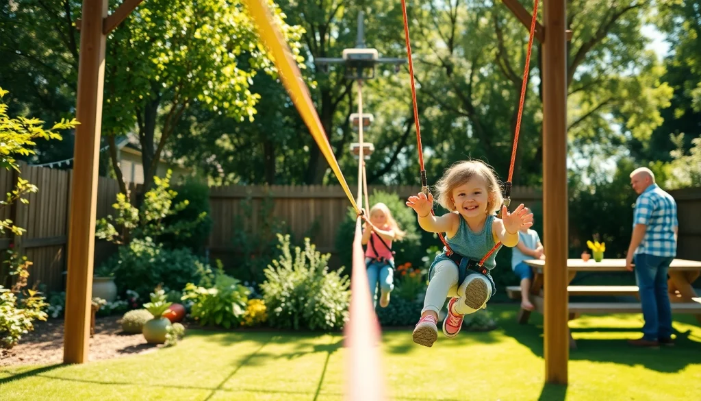 Kids playing on a GARDEN ZIP WIRE KIT in a beautiful backyard setting, promoting outdoor fun.