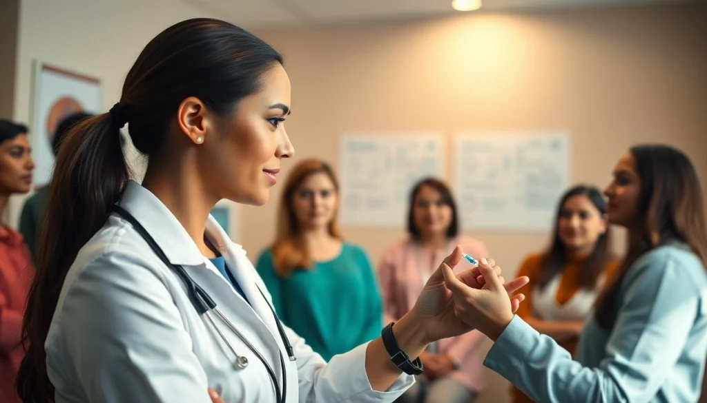 Clinician demonstrating injectable weight loss techniques to patients in a professional healthcare setting.