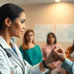 Clinician demonstrating injectable weight loss techniques to patients in a professional healthcare setting.