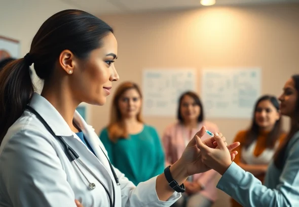 Clinician demonstrating injectable weight loss techniques to patients in a professional healthcare setting.