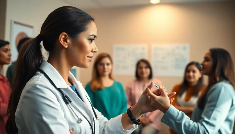 Clinician demonstrating injectable weight loss techniques to patients in a professional healthcare setting.
