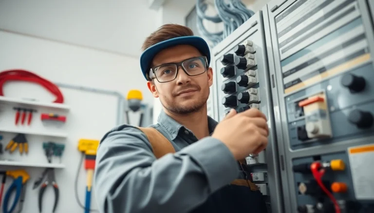 Electrician servicing an electrical panel Clearwater, demonstrating professional expertise in a well-equipped environment.