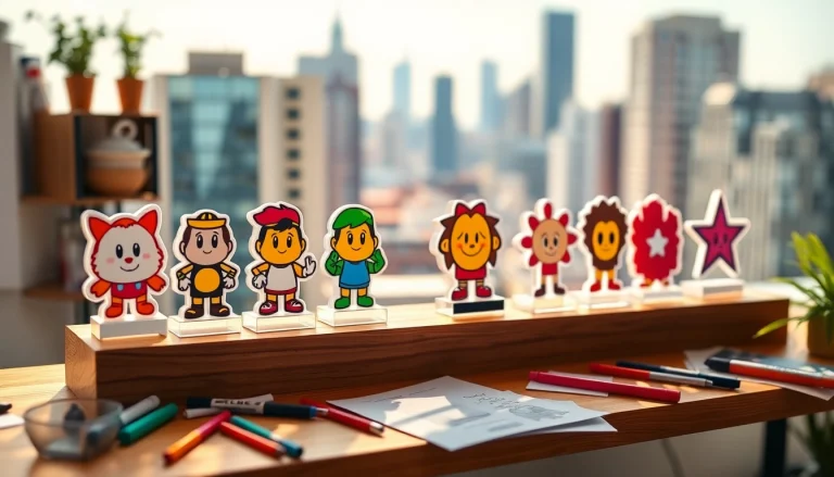 Engaging acrylic standees showcasing colorful designs on display.