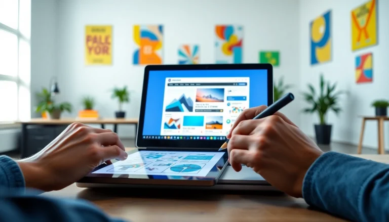 Engaging website design process with a designer sketching layouts and vibrant mockups.