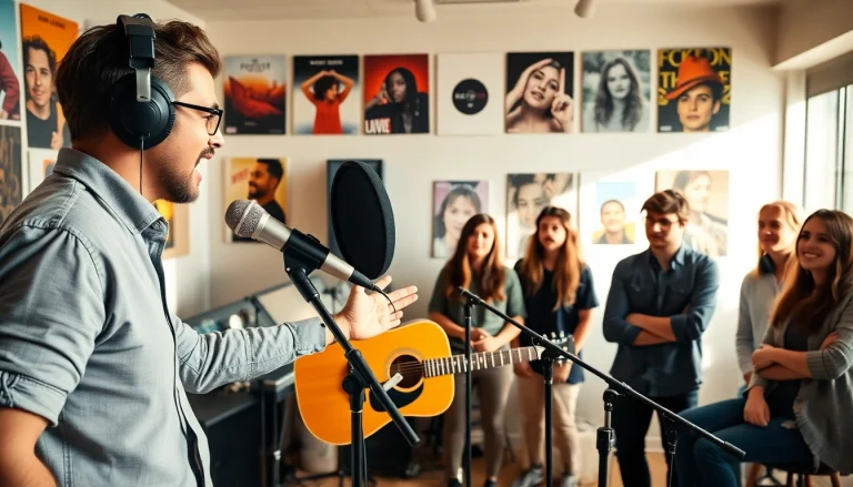 Engaging scene of music pitching with a musician captivating playlist curators in a vibrant studio.