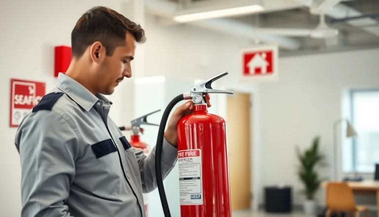 Fire extinguisher servicing Cannock by a qualified technician ensuring safety compliance in an office.