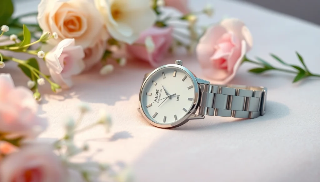Elegante Damen Armbanduhren mit minimalistischen Design und floralen Akzenten präsentieren.