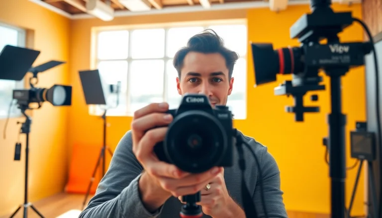 Capture a moment of creativity with a photography company edmonton working in a vibrant studio.