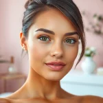 Jawline sculpting enhancement showcased by a woman in a serene spa setting.
