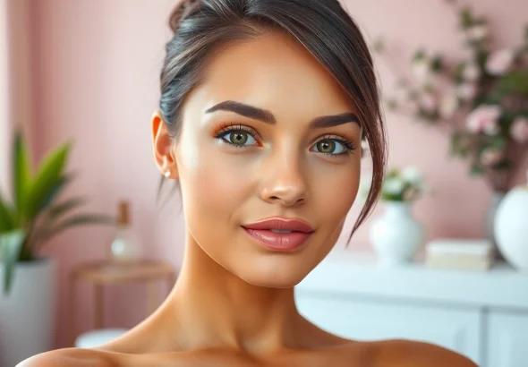 Jawline sculpting enhancement showcased by a woman in a serene spa setting.
