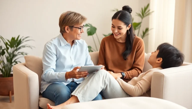 Attachment theory coach guiding a client through emotional healing in a calming therapy room.