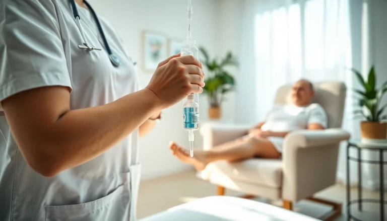 NAD IV therapy side effects illustrated with a nurse gently administering treatment in a serene healthcare setting.