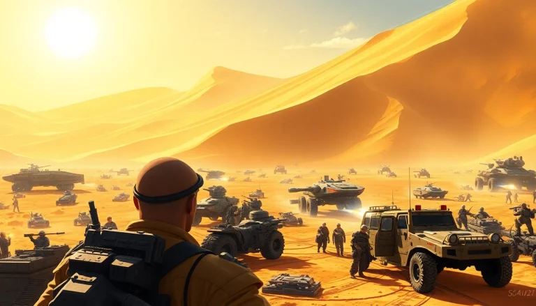 Dune 2 game action scene featuring a commander and troops on a desert battlefield.