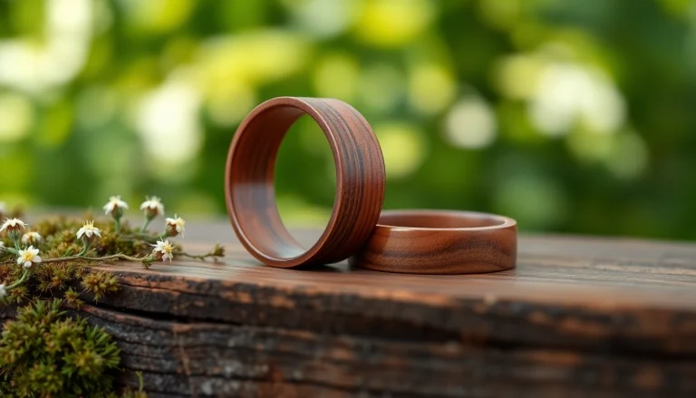 Showcase of Wooden Wedding Rings highlighting intricate patterns and textures.