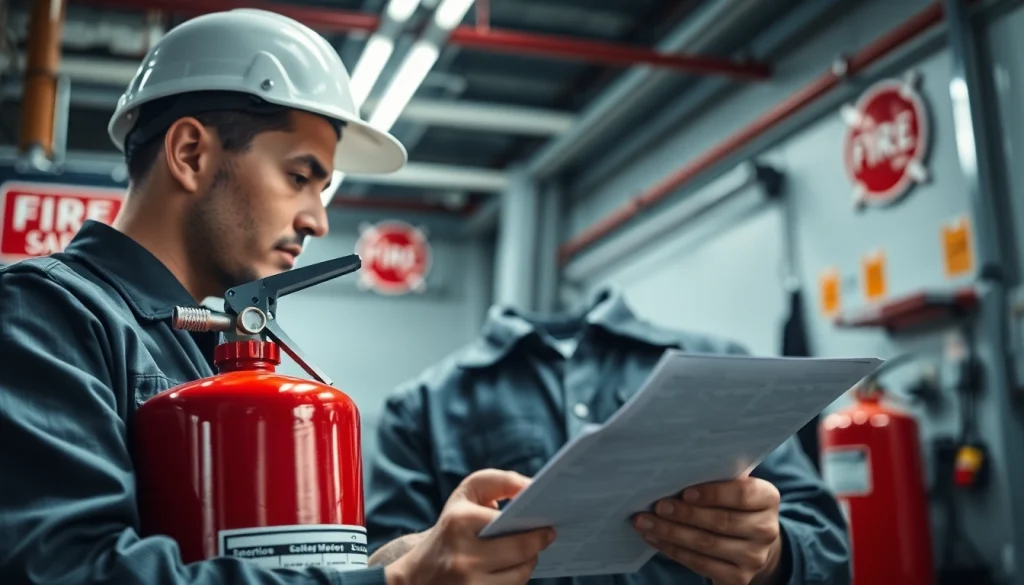 Fire extinguisher servicing technician inspecting a fire extinguisher in a professional setting.