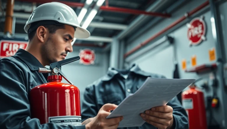 Fire extinguisher servicing technician inspecting a fire extinguisher in a professional setting.
