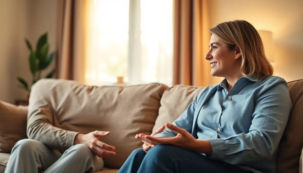 Couple communicating effectively in relationships with relaxed expressions and open body language.