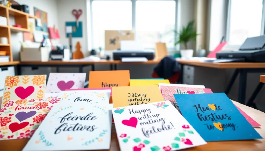 View of vibrant personalised greeting cards same day on a design studio workspace, showcasing creativity and warmth.