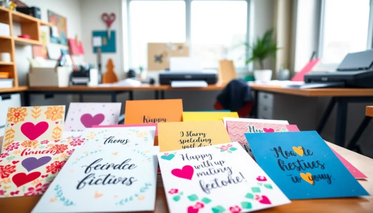 View of vibrant personalised greeting cards same day on a design studio workspace, showcasing creativity and warmth.