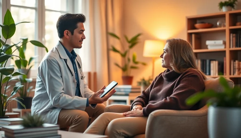 Dealing with depression: empathetic counselor supports a patient in a cozy office setting.