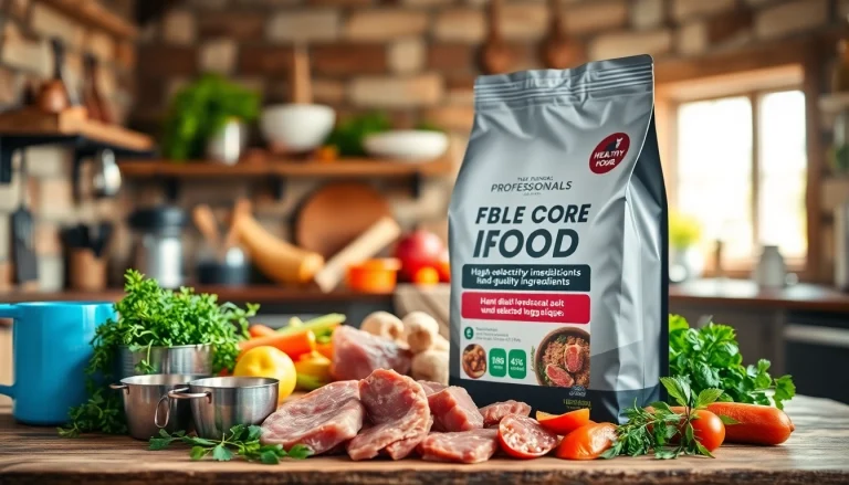 Showcase of badlands ranch dog food ingredients and packaging in a rustic setting.