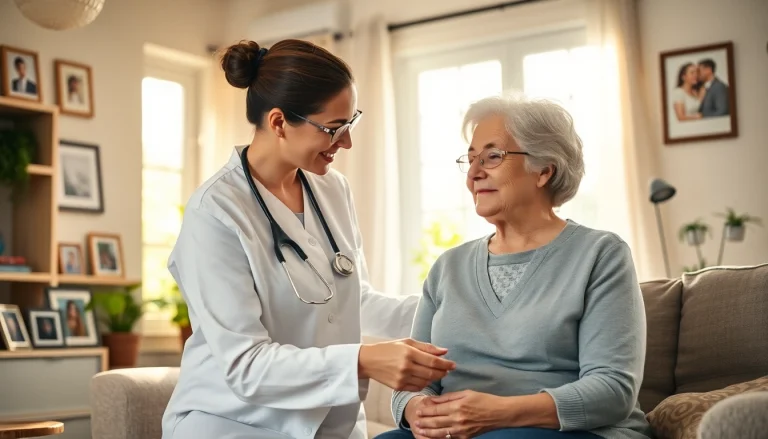 Austin senior home care service showing a caregiver assisting an elderly woman, emphasizing warmth and compassion.