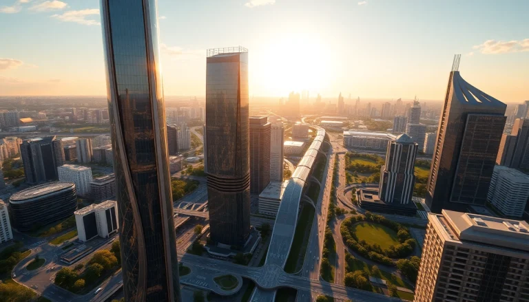 3D Visualisierung eines futuristischen Stadtbildes mit lebendigen Farben und komplexen Strukturen.