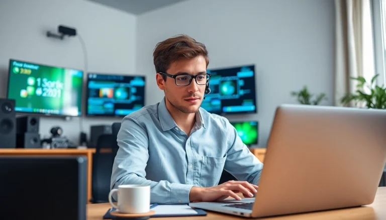 Providing residential IT support, a technician engages with high-tech devices in a modern workspace.