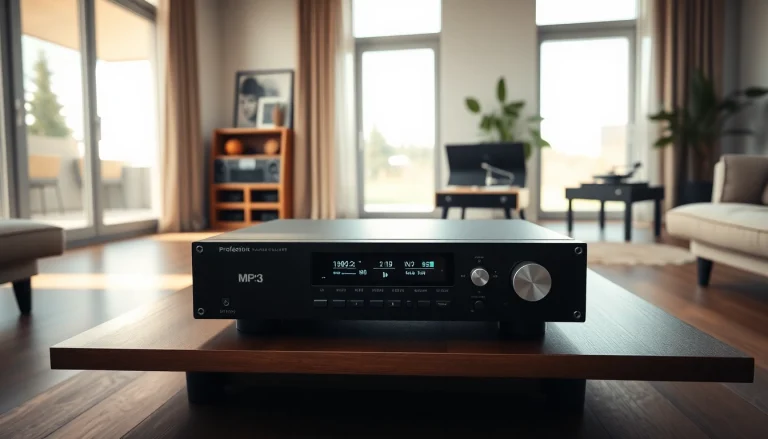 Explore the sleek design of an MP3 player at https://hardwareplayer.com in a modern home setting.