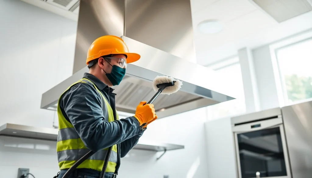 Engaged technician performing Exhaust Hood Cleaning service in a bright kitchen.
