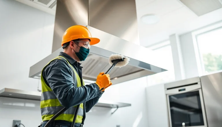 Engaged technician performing Exhaust Hood Cleaning service in a bright kitchen.