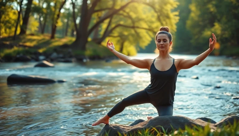 Reduce Stress through yoga in a peaceful outdoor setting, showcasing a calming atmosphere.