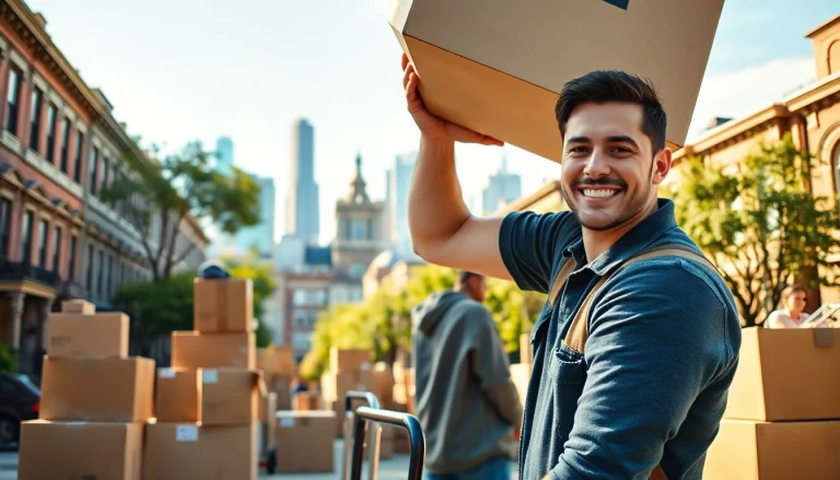 Brooklyn movers assisting in a bright urban setting with moving boxes and a friendly demeanor.